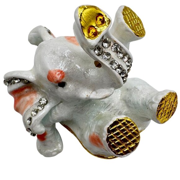 Bejeweled Enamel Hinged Trinket Box White & Gold Playful Elephant Rhinestones - Picture 1 of 9